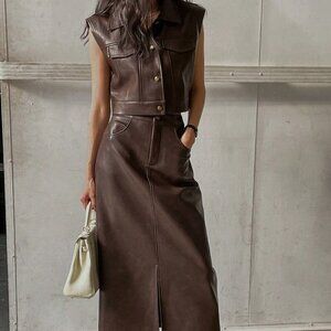 Brown Womens faux leather Sleeveless Jacket Vest & Split Hem Straigt skirt